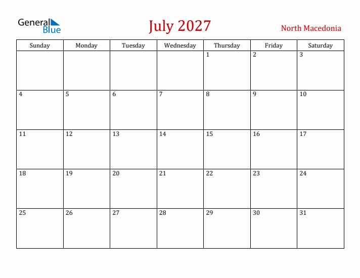 North Macedonia July 2027 Calendar - Sunday Start