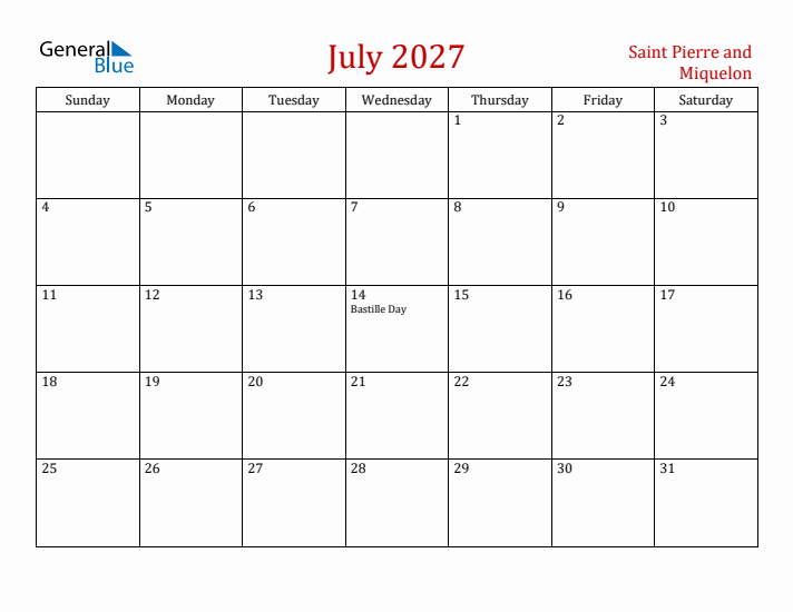 Saint Pierre and Miquelon July 2027 Calendar - Sunday Start