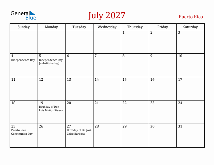 Puerto Rico July 2027 Calendar - Sunday Start
