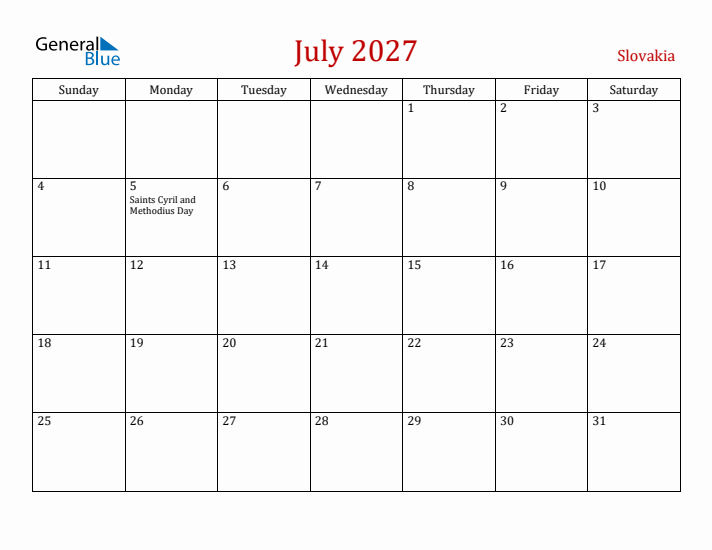 Slovakia July 2027 Calendar - Sunday Start