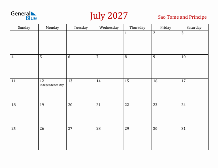 Sao Tome and Principe July 2027 Calendar - Sunday Start
