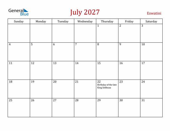Eswatini July 2027 Calendar - Sunday Start