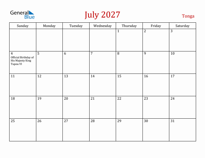 Tonga July 2027 Calendar - Sunday Start