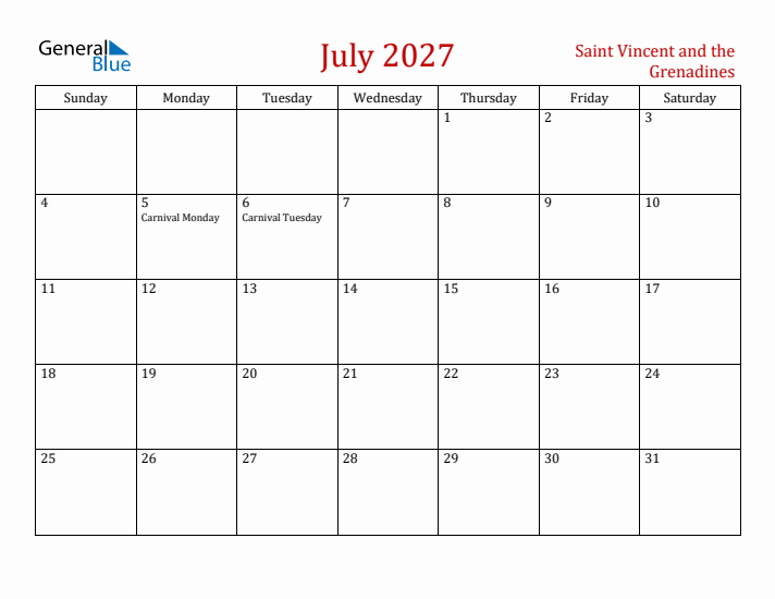 Saint Vincent and the Grenadines July 2027 Calendar - Sunday Start