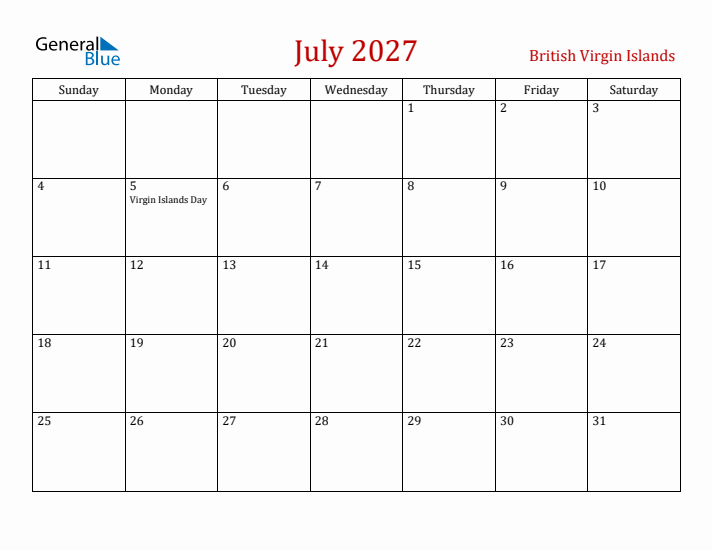 British Virgin Islands July 2027 Calendar - Sunday Start