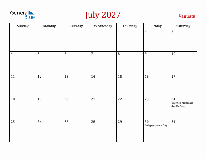 Vanuatu July 2027 Calendar - Sunday Start