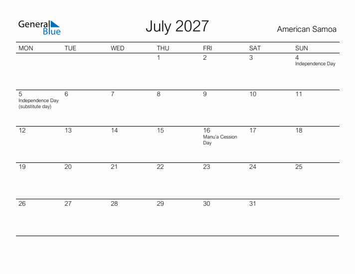 Printable July 2027 Calendar for American Samoa