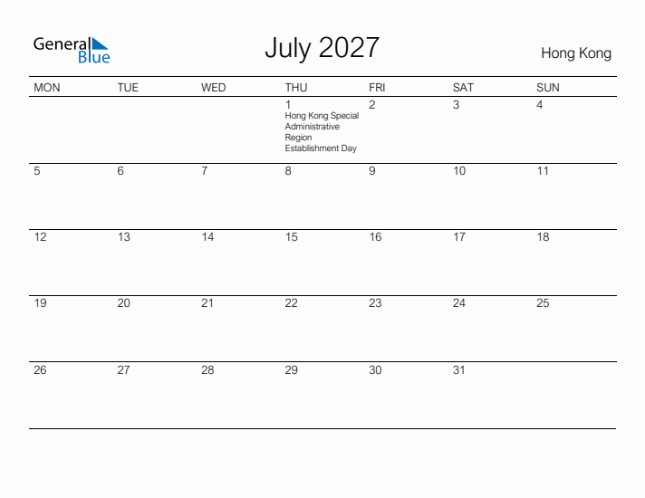 Printable July 2027 Calendar for Hong Kong