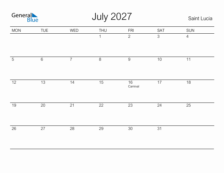 Printable July 2027 Calendar for Saint Lucia