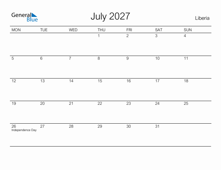 Printable July 2027 Calendar for Liberia
