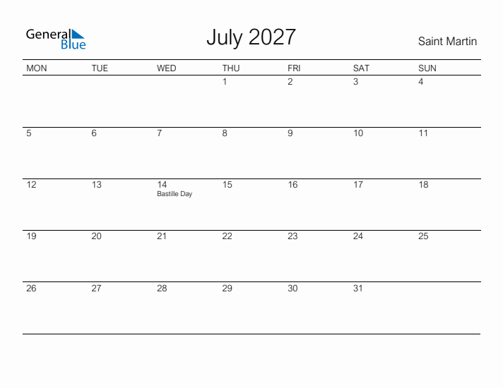 Printable July 2027 Calendar for Saint Martin