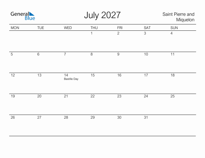 Printable July 2027 Calendar for Saint Pierre and Miquelon