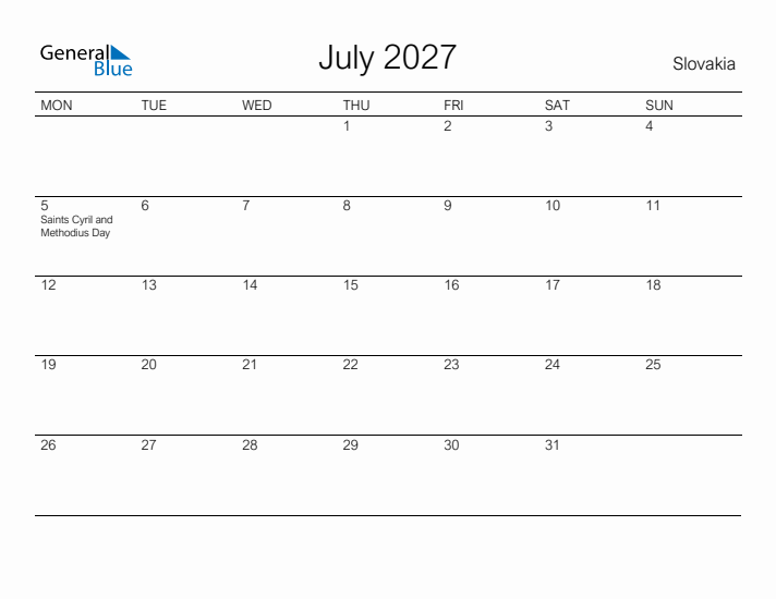 Printable July 2027 Calendar for Slovakia
