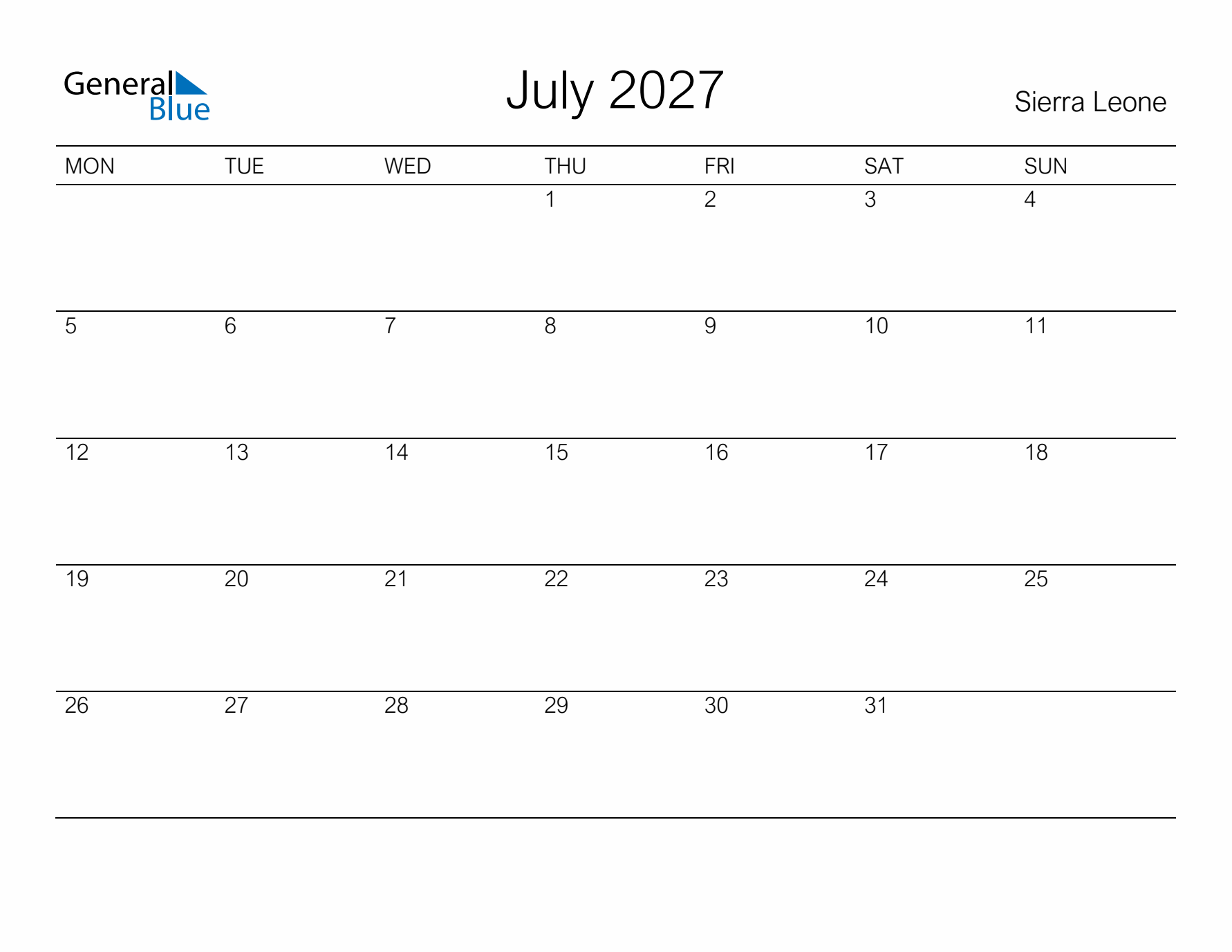 Printable July 2027 Calendar for Sierra Leone