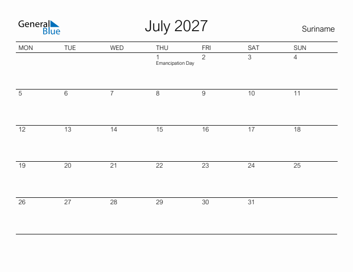Printable July 2027 Calendar for Suriname