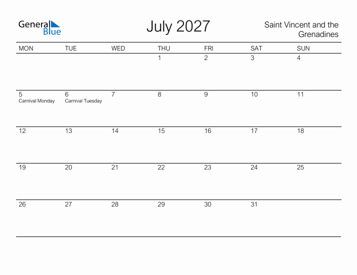 Printable July 2027 Calendar for Saint Vincent and the Grenadines