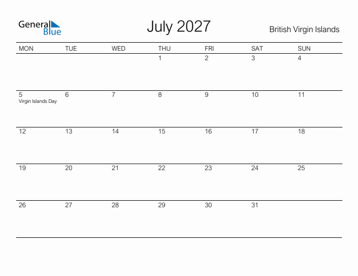 Printable July 2027 Calendar for British Virgin Islands