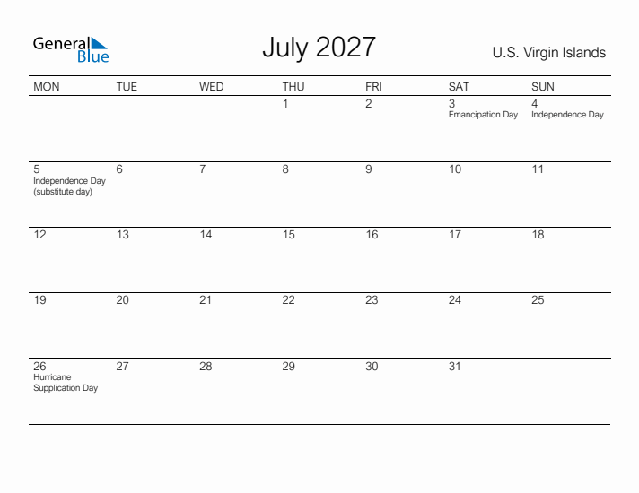 Printable July 2027 Calendar for U.S. Virgin Islands