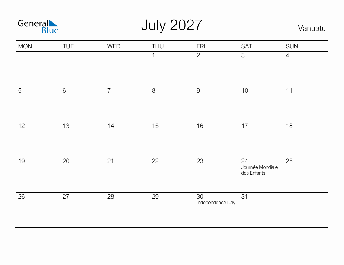 Printable July 2027 Monthly Calendar with Holidays for Vanuatu (Monday ...