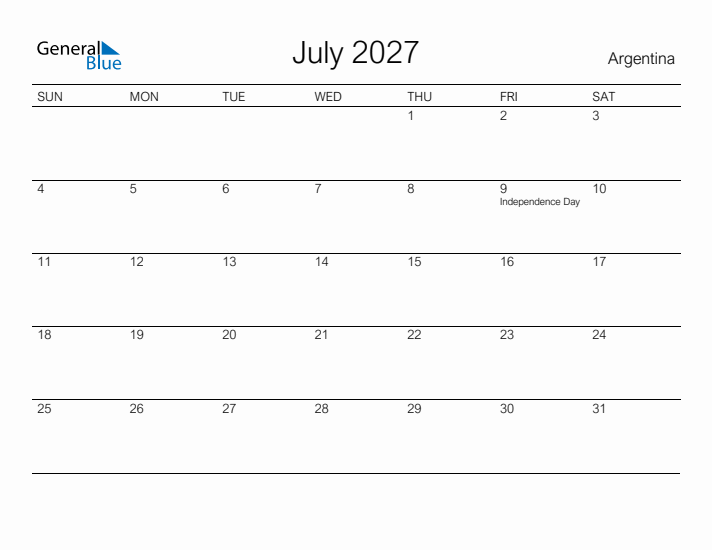 Printable July 2027 Calendar for Argentina