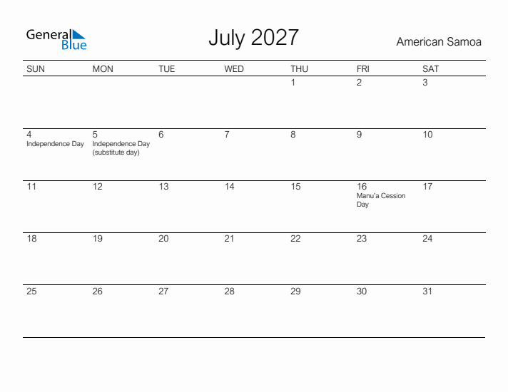 Printable July 2027 Calendar for American Samoa