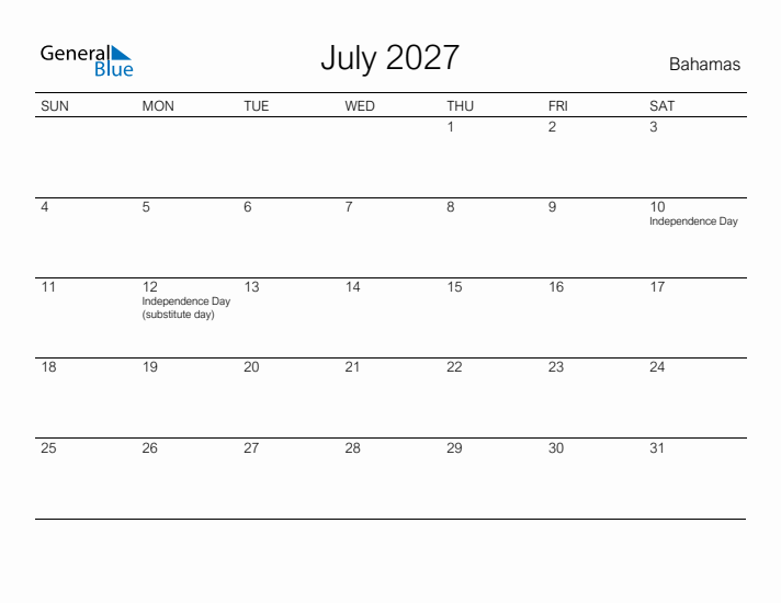 Printable July 2027 Calendar for Bahamas