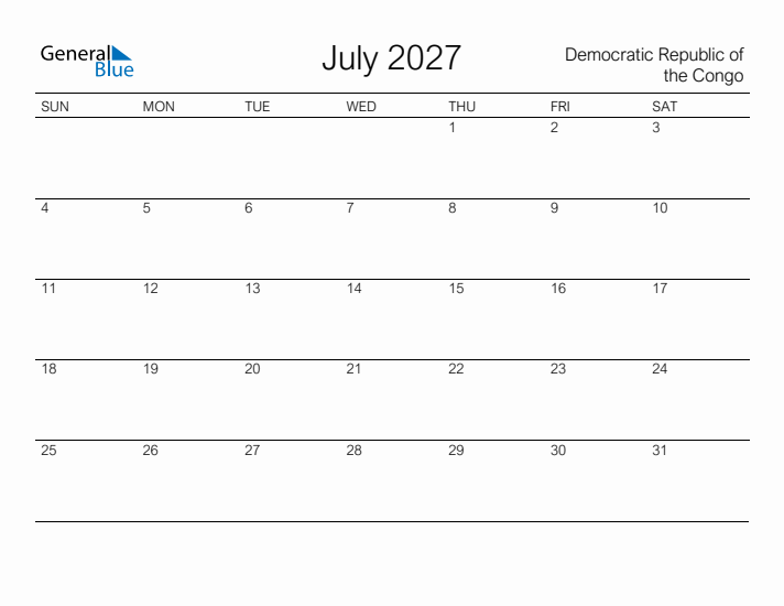 Printable July 2027 Calendar for Democratic Republic of the Congo