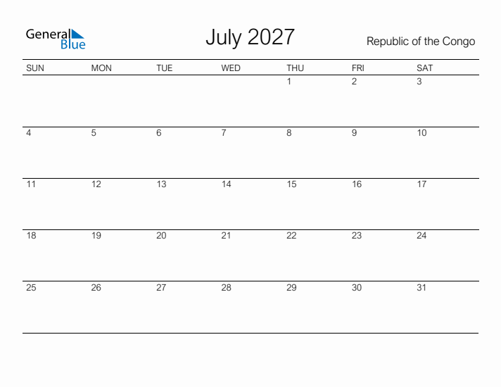 Printable July 2027 Calendar for Republic of the Congo
