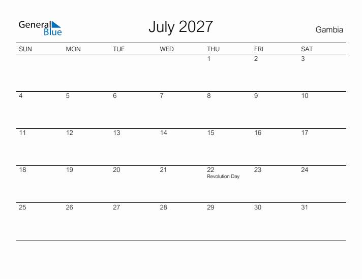 Printable July 2027 Calendar for Gambia