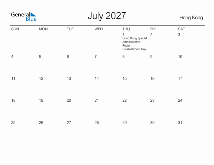 Printable July 2027 Calendar for Hong Kong