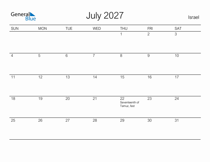Printable July 2027 Calendar for Israel