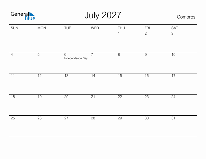 Printable July 2027 Calendar for Comoros