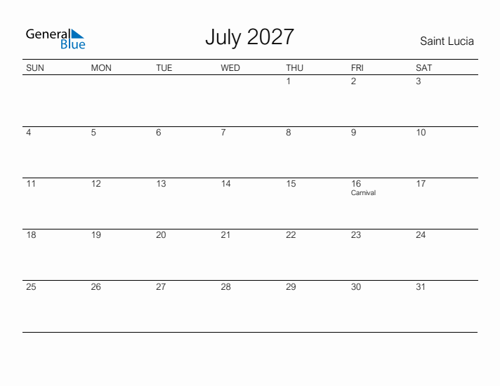 Printable July 2027 Calendar for Saint Lucia