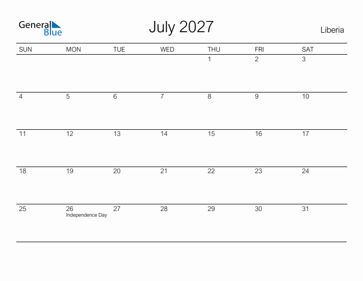 Printable July 2027 Calendar for Liberia