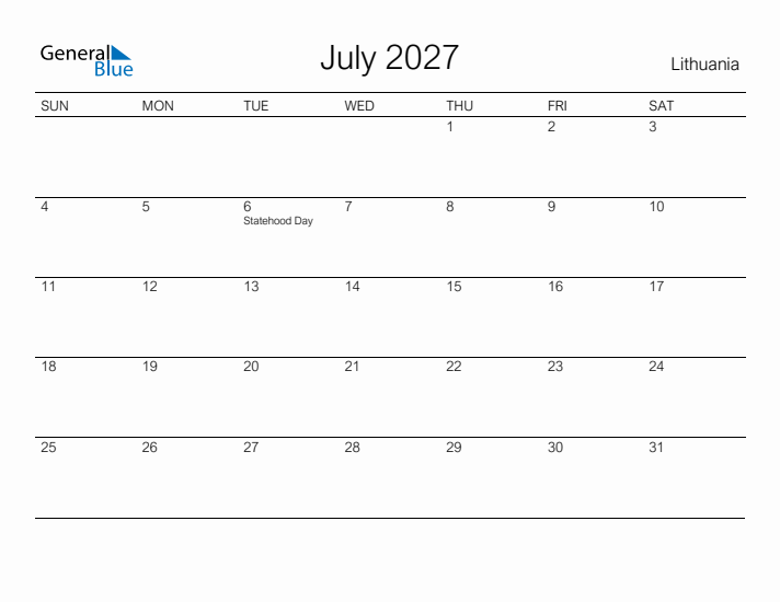 Printable July 2027 Calendar for Lithuania