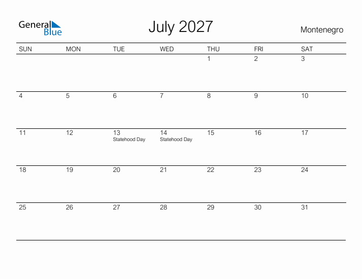 Printable July 2027 Calendar for Montenegro