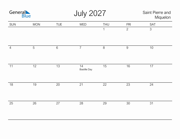 Printable July 2027 Calendar for Saint Pierre and Miquelon