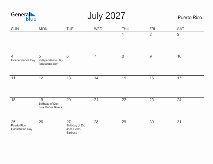 Printable July 2027 Calendar for Puerto Rico