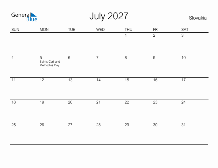 Printable July 2027 Calendar for Slovakia