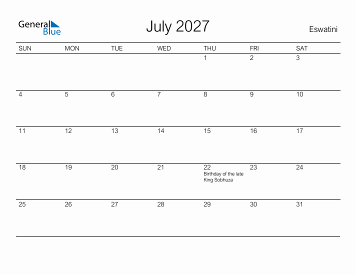 Printable July 2027 Calendar for Eswatini