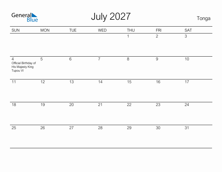 Printable July 2027 Calendar for Tonga