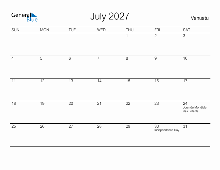 Printable July 2027 Calendar for Vanuatu