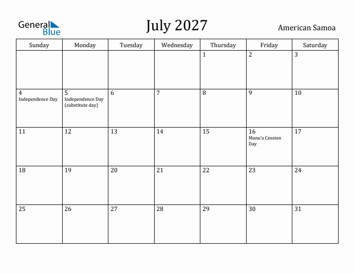 July 2027 Calendar American Samoa