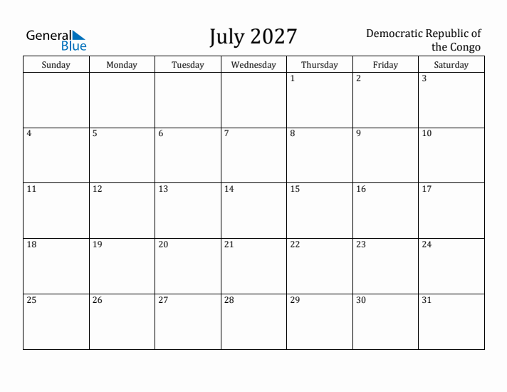 July 2027 Calendar Democratic Republic of the Congo