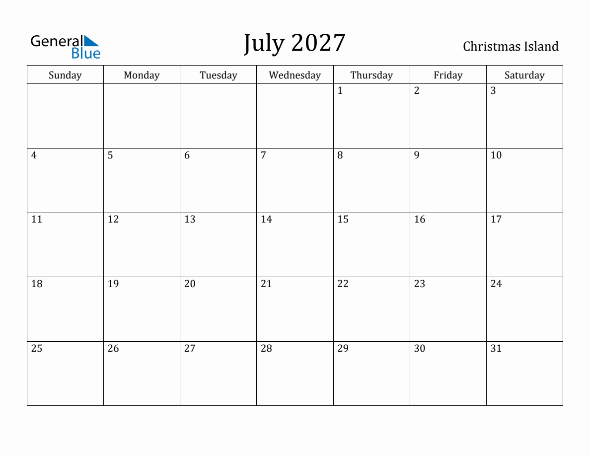July 2027 Monthly Calendar with Christmas Island Holidays