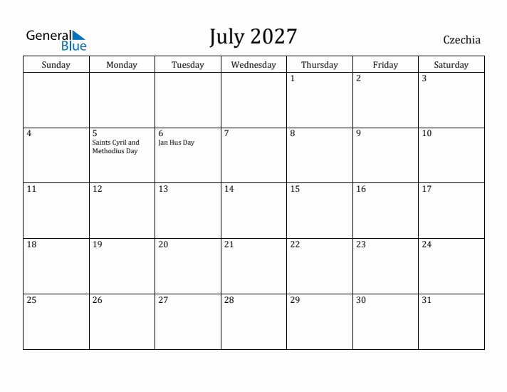 July 2027 Calendar Czechia