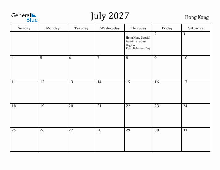 July 2027 Calendar Hong Kong