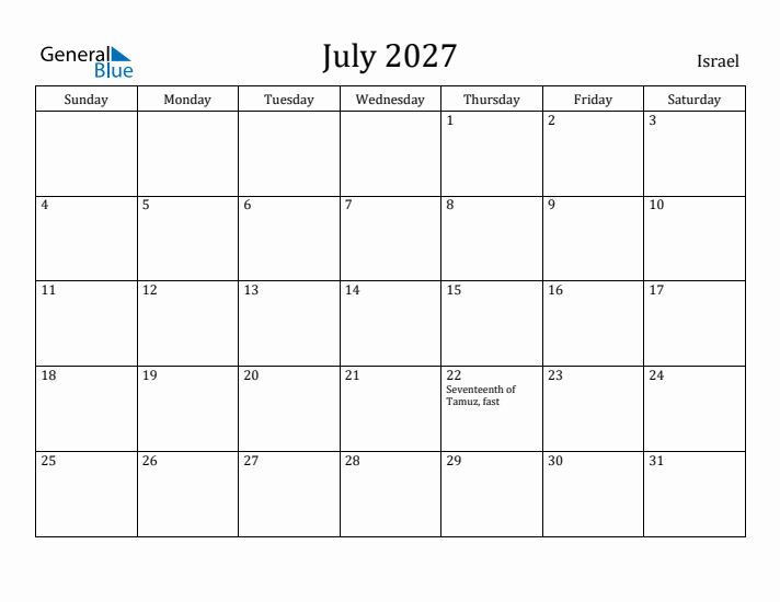 July 2027 Calendar Israel