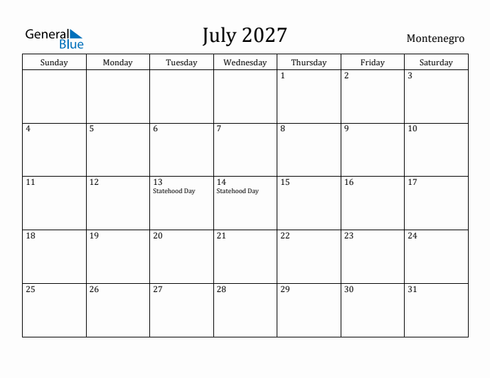 July 2027 Calendar Montenegro