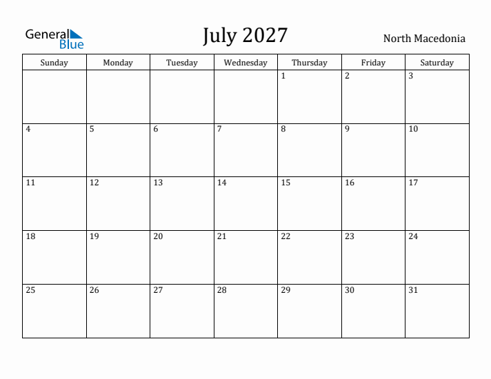 July 2027 Calendar North Macedonia